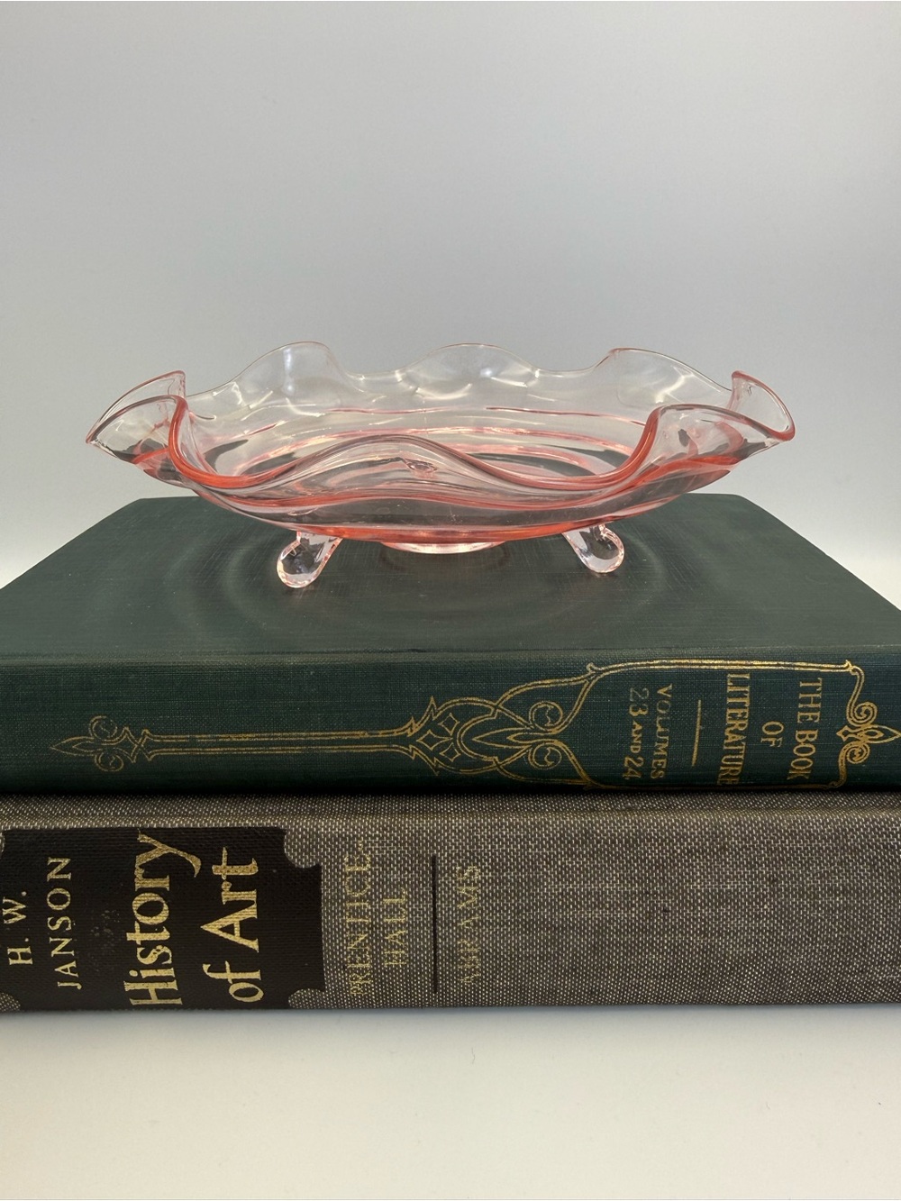 Antique Pink Depression Glass Footed Ribbed Ruffle Candy Trinket Dish